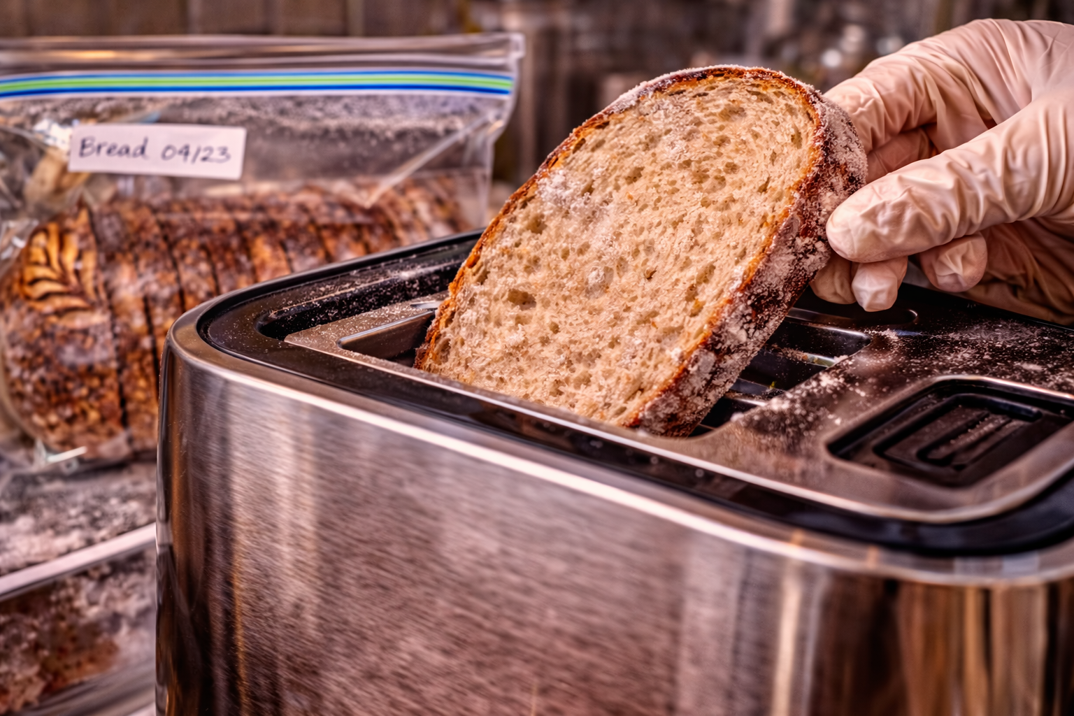 Donmuş ekmek dilimleri fırında ısıtılıyor